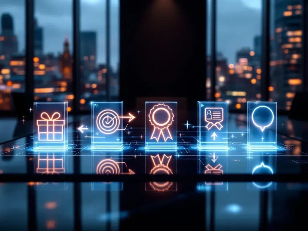 Moderne vergaderruimte met holografische personalisatie-iconen op glazen tafel, Amsterdam skyline op achtergrond