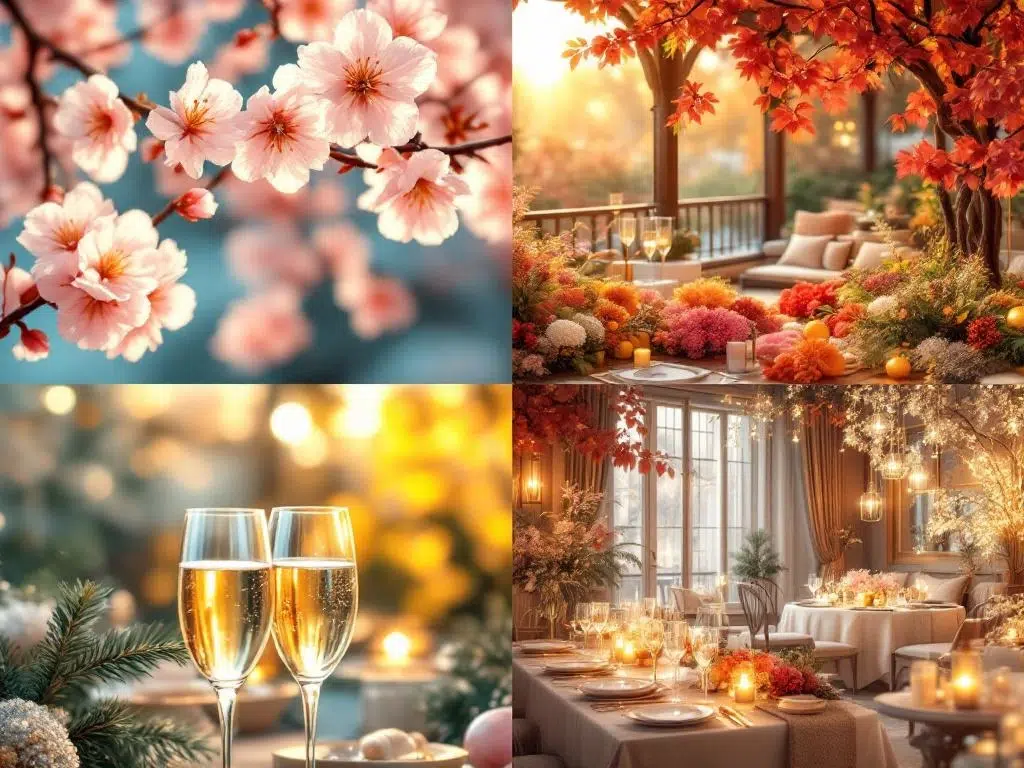 Four-panel seasonal anniversary celebration scenes: spring cherry blossoms, summer terrace with champagne, autumn foliage tablescape, winter indoor lights