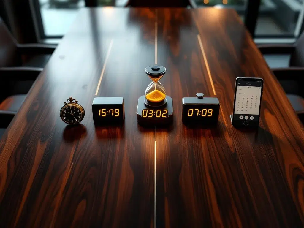 Luchtfoto van houten vergadertafel met vijf tijdapparaten: zakhorloge, timer, zandloper, klok en smartphone in kantoor