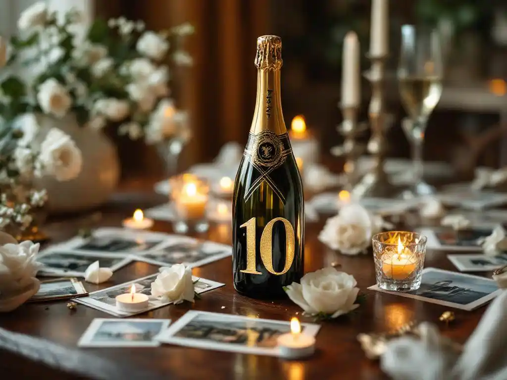 Elegante champagnefles met gouden "10" op mahoniehout tafel omringd door vintage foto's, witte rozen en theelichtjes
