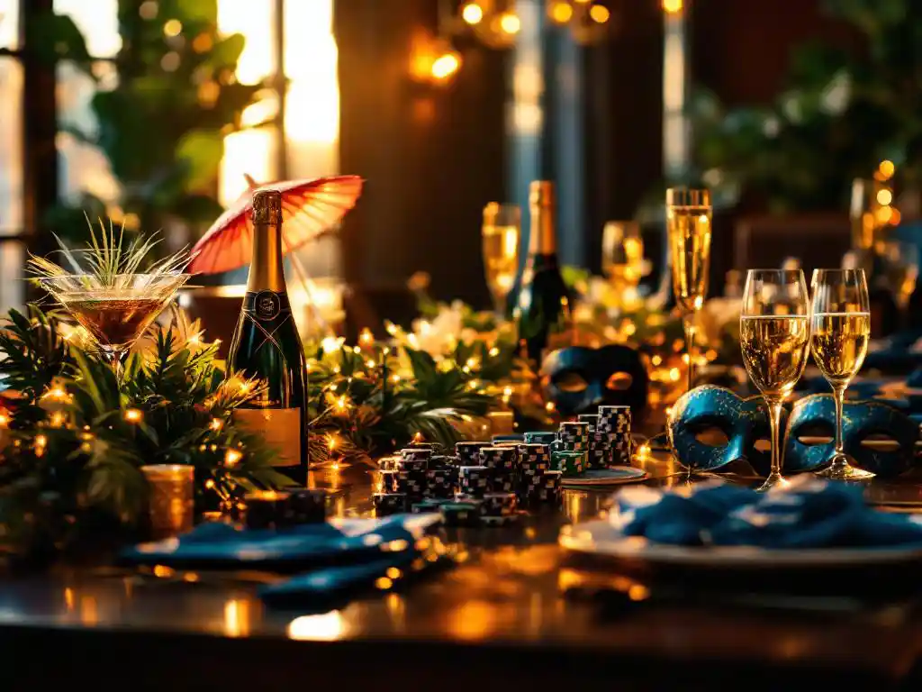Elegante bedrijfsfeest decoraties op mahonie vergadertafel met champagne, cocktailparaplu's, maskers en casinochips
