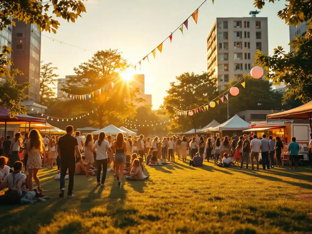 Werknemers dansen op gras tijdens bedrijfsfestival met kleurrijke slingers, foodtrucks en podium bij zonsondergang