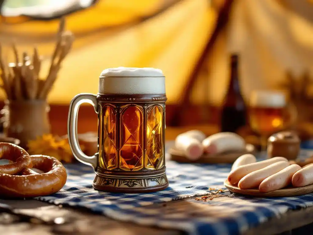 Traditionele Beierse bierpul met tarwebier op houten tafel met blauw-wit geruit tafelkleed, pretzel en witte worsten