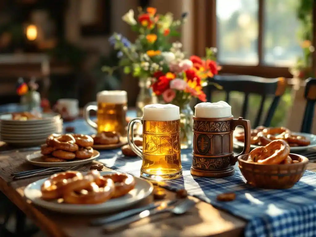 Rustieke houten tafel met Beierse decoraties: blauw-wit geblokte tafelkleed, houten bierpullen, pretzels en alpenbloemen in potten