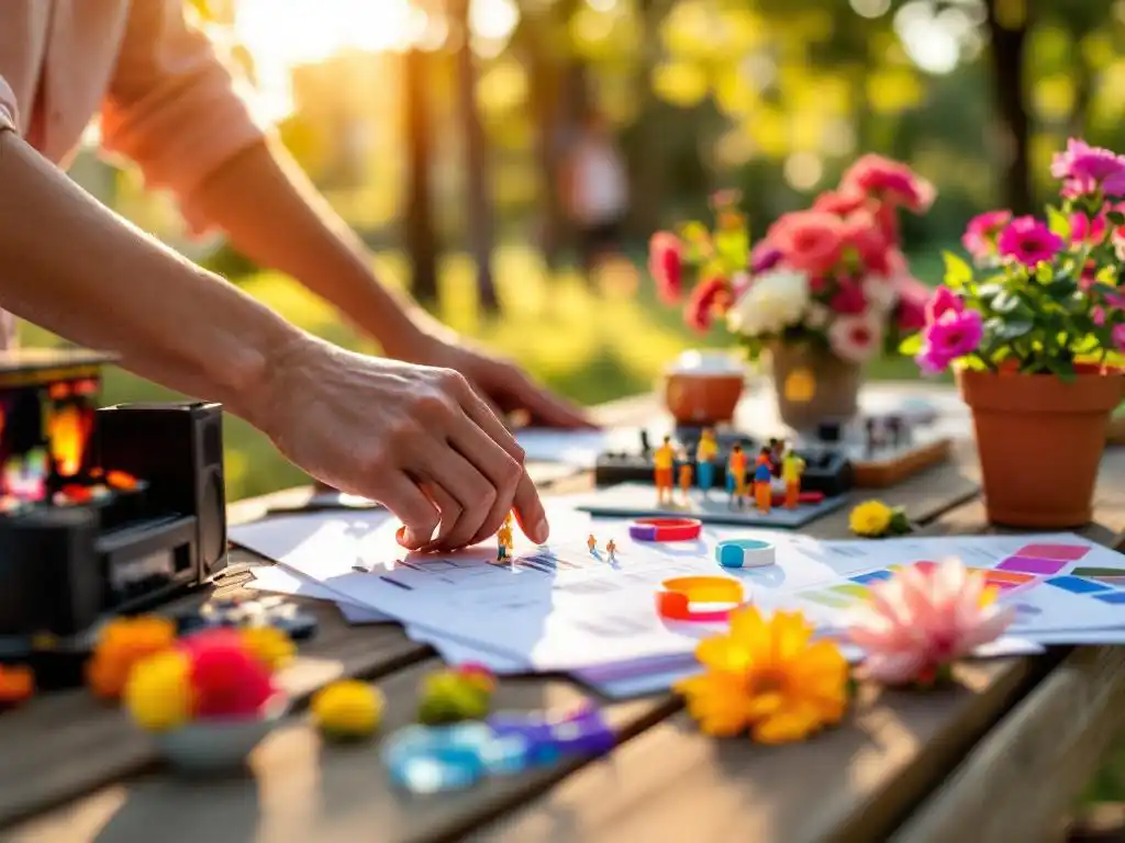 Evenementenplanner arrangeert kleurrijke entertainmentelementen op rustieke houten picknicktafel met miniatuur podium en geluidsapparatuur