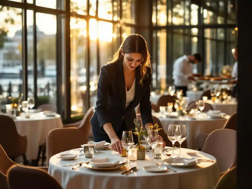 Professionele eventplanner schikt elegante tafelversiering met gouden centerpieces terwijl cateringteam gourmet hapjes presenteert in luxe Amsterdam locatie met grachtzicht