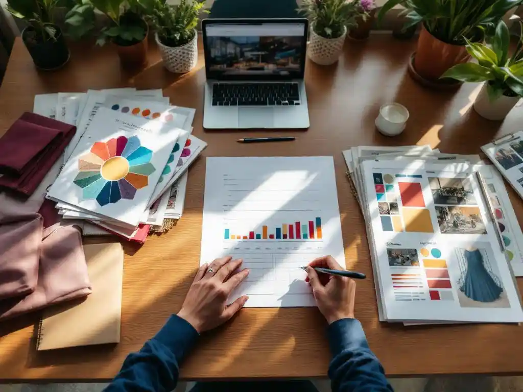 Evenementenplanner organiseert kleurrijke feestdecoraties en tijdschema's op houten bureau met laptop en venuefoto's