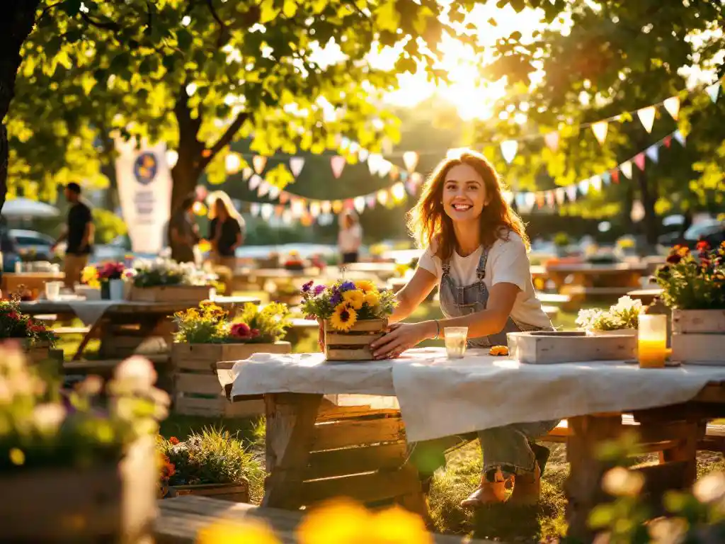 Vrolijke eventplanner schikt kleurrijke picknicktafels en slingerverlichting in zonnig Amsterdams park met bloemen en festivalbanieren
