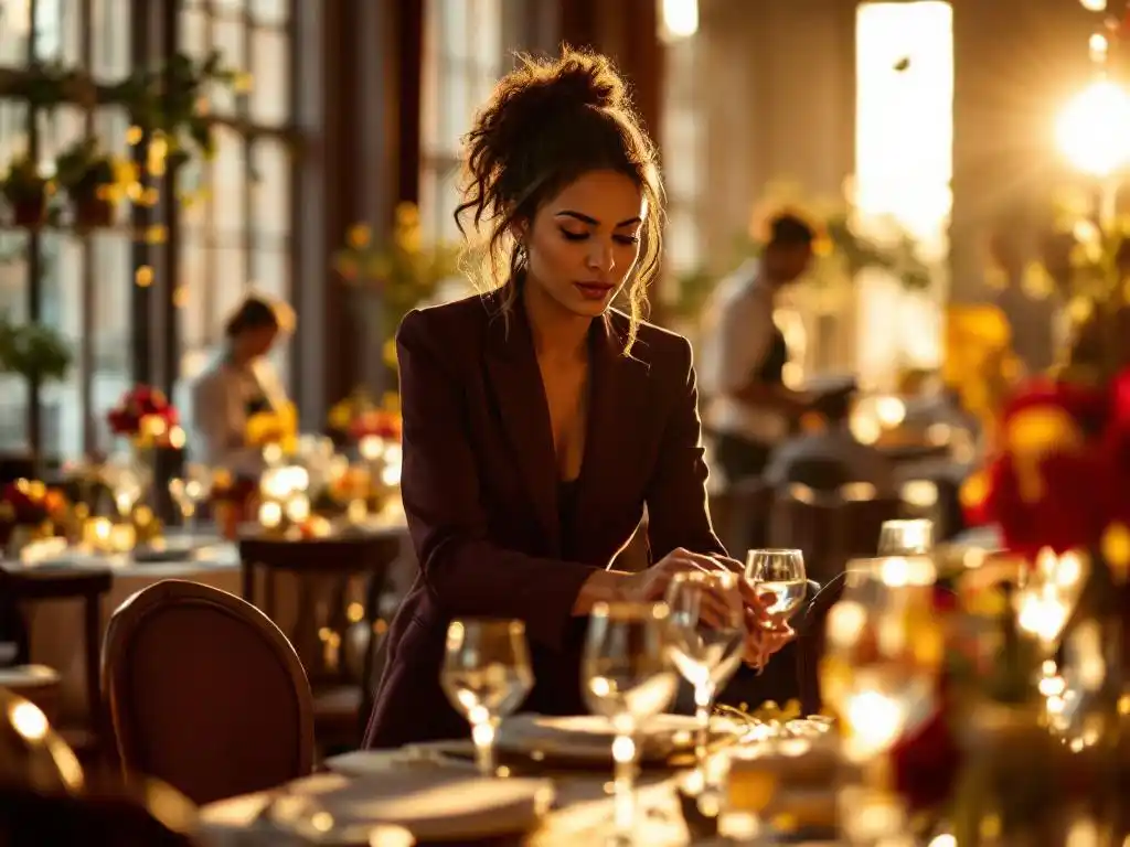 Professionele eventplanner in blazer arrangeert elegante tafeldecoratie met verse bloemen in luxe Amsterdam venue