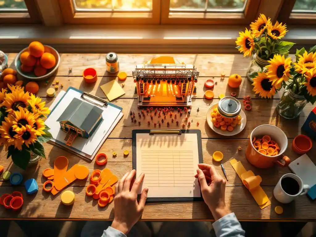 Evenementenplanner organiseert zomerfestival elementen op houten tafel met oranje polsbandjes, klembord, podiummodel en zonnebloemen in mason jars