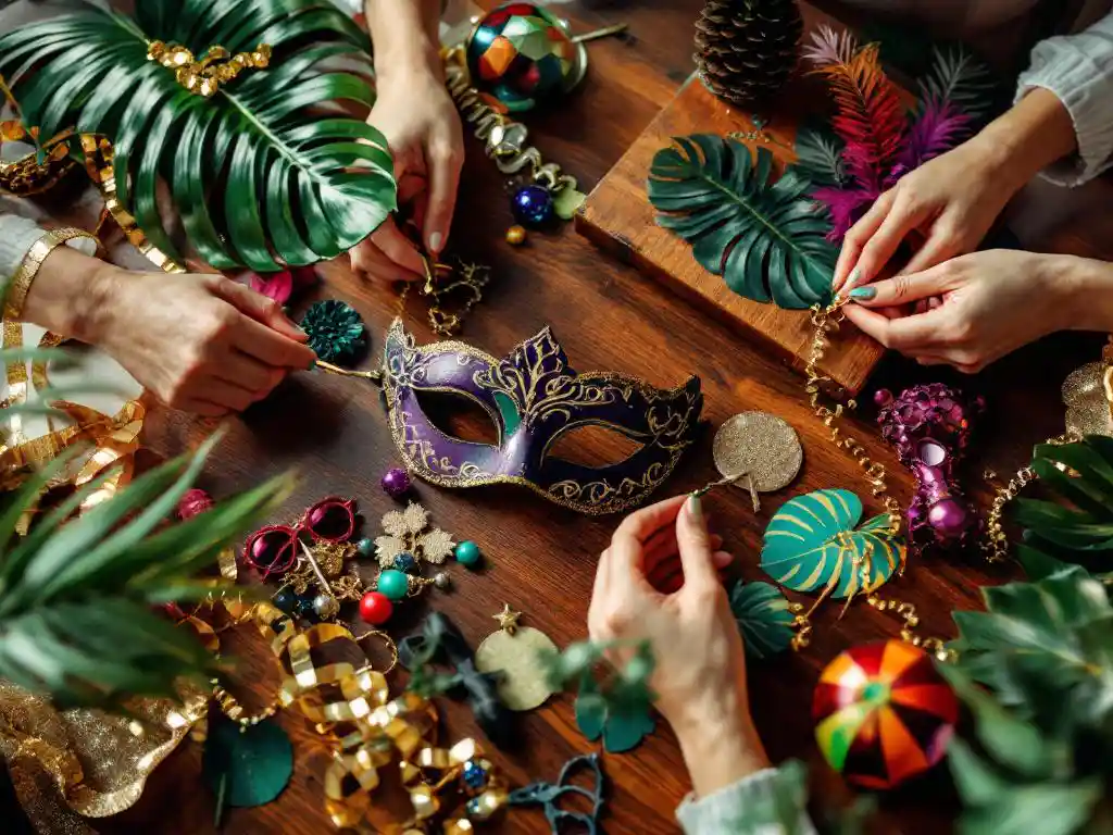 Feestplanningtafel met kleurrijke maskerademaskers, tropische palmbladen en gouden slingers op mahoniehout
