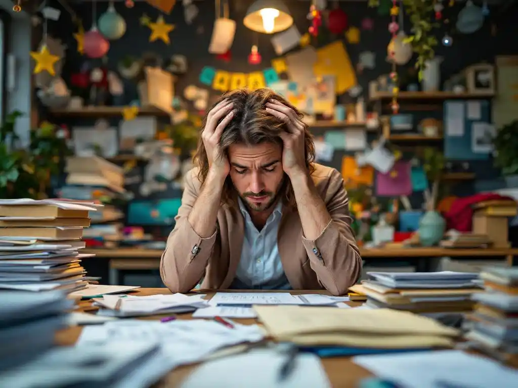 Gestresste kantoormanager houdt hoofd in handen aan rommelig bureau met feestplanningspapieren en decoraties op achtergrond