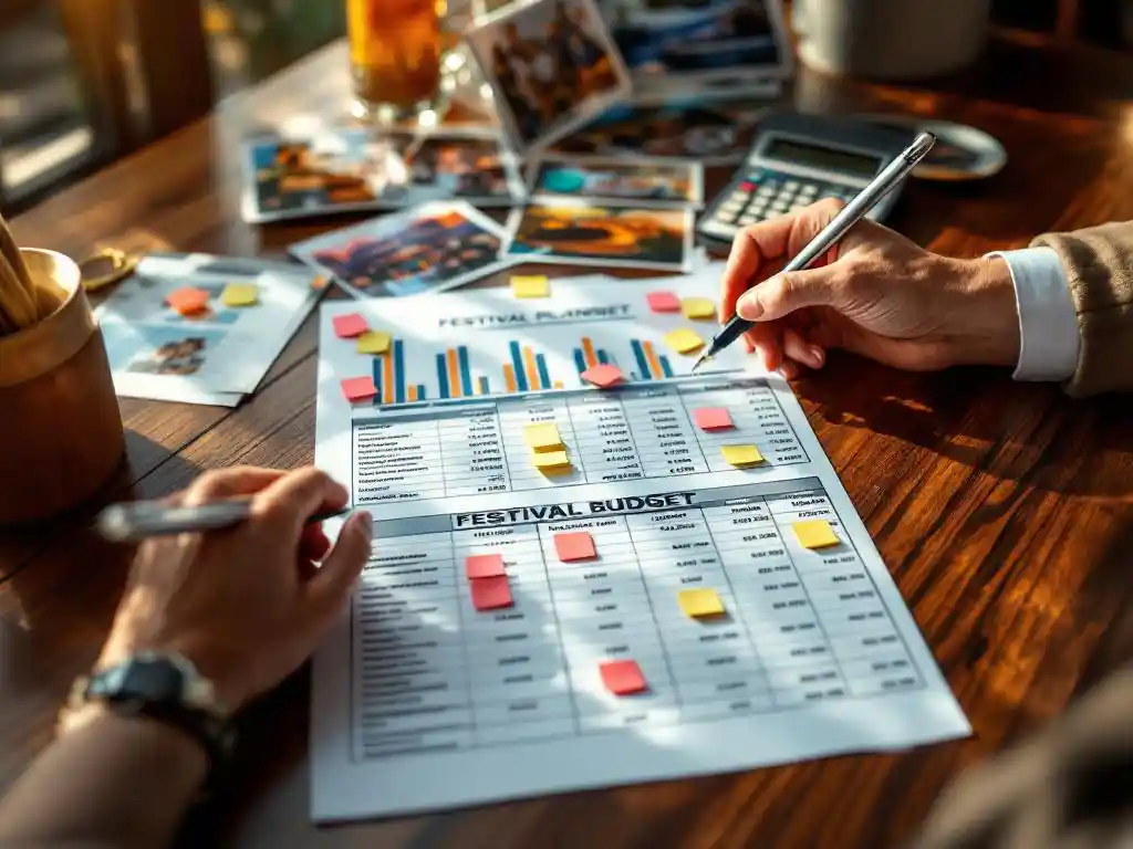 Evenementenplanner aan mahonie bureau met festival budgetspreadsheet, kleurrijke notities, calculator en zomerfestival foto's in warm kantoorlicht