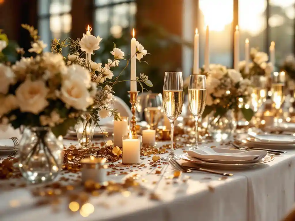 Elegante gouden jubileum tafel met champagneglazen, witte bloemen in kristallen vazen en gouden decoraties in Amsterdam venue