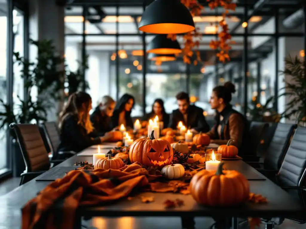 Zakelijke vergaderruimte met elegante Halloween-decoratie, gesneden pompoenen als tafelstukken en medewerkers in subtiele kostuums rond moderne conferentietafel.