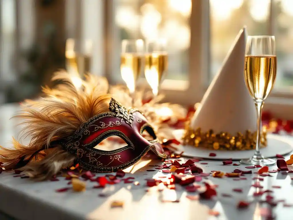 Elegante maskerademasker met gouden veren naast witte feesthoed op marmeren oppervlak met champagneglazen en confetti