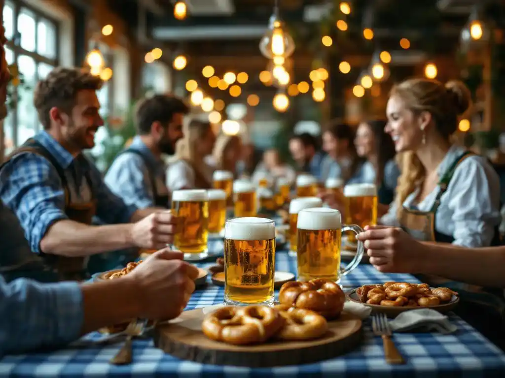 Medewerkers in lederhosen en dirndls vieren Oktoberfest in kantoorruimte met bierkannen, pretzels en blauw-wit geruite tafellakens