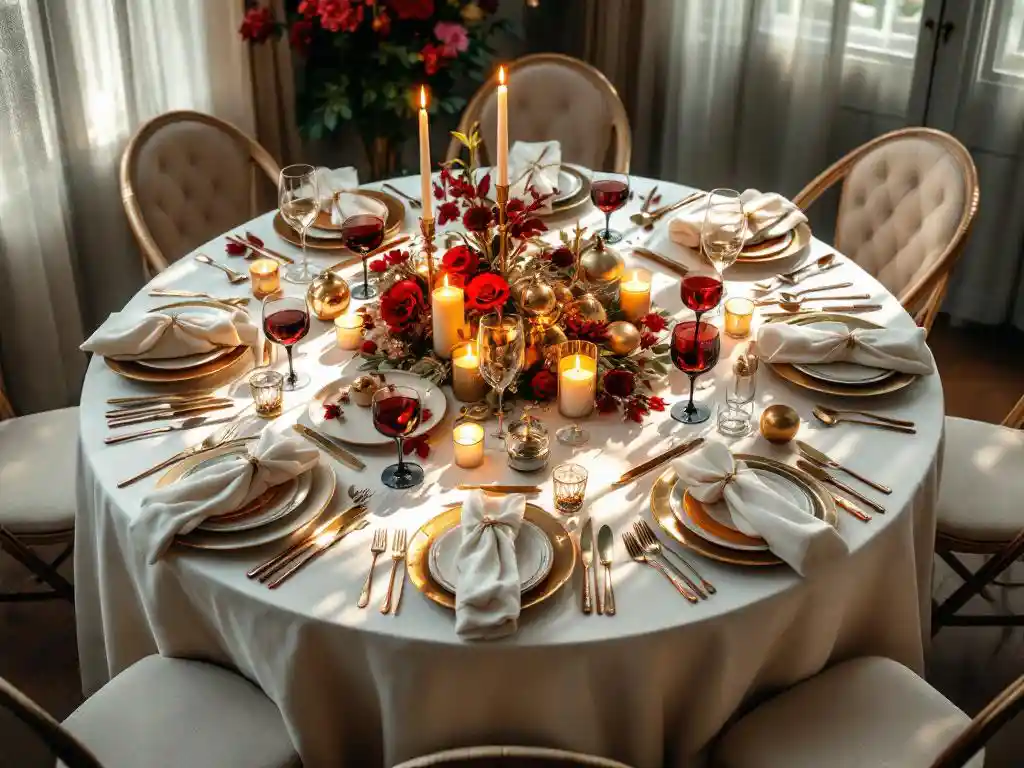 Elegante ronde tafel gedekt voor jubileumviering met gouden vintage decoraties, zilveren accenten, kleurrijke feestartikelen en klassiek wit linnen bij kaarslicht