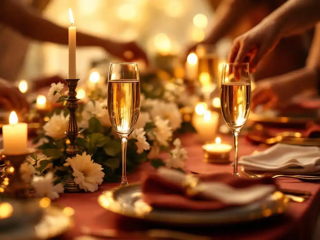 Elegant jubileumtafel met gouden kaarslicht, vintage champagneglazen, witte bloemen en gasten die herinneringen pakken
