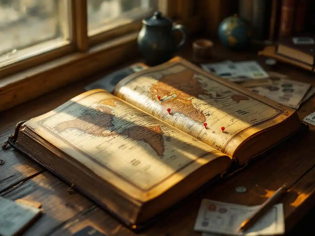 Vintage leren atlas geopend met verborgen kaarten en rode spelden, omringd door paspoort stempels en reisdocumenten op houten bureau