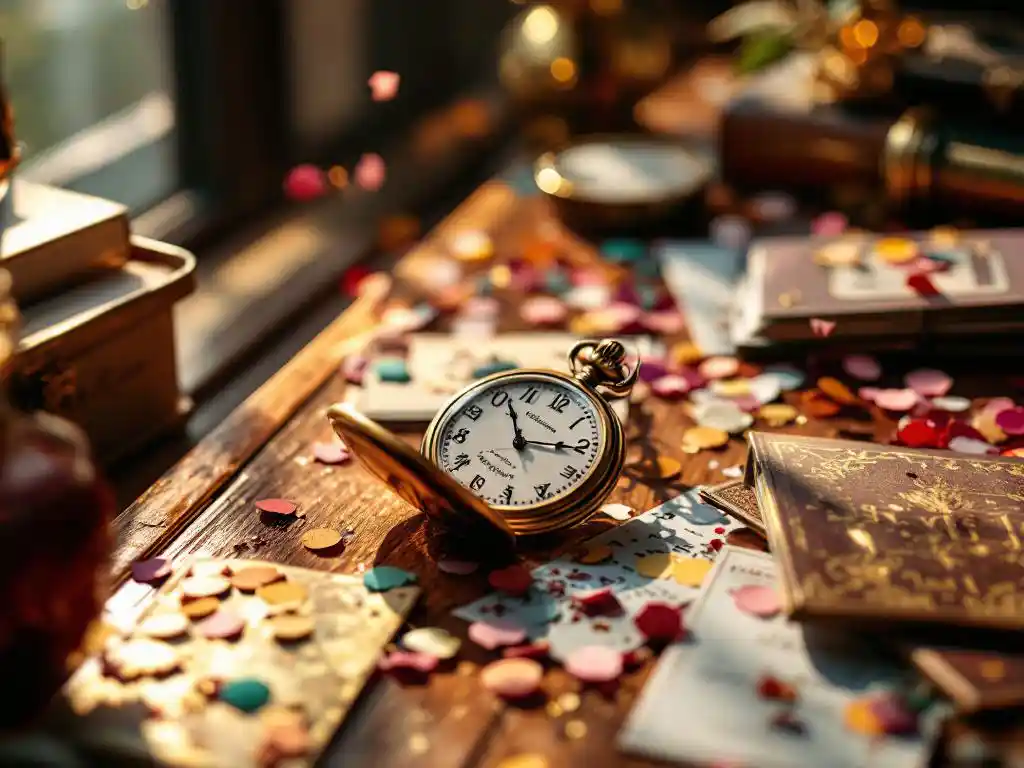 Vintage messing zakhorloge ligt open op mahonie bureau naast kleurrijke uitnodigingskaarten en confetti in warm zonlicht